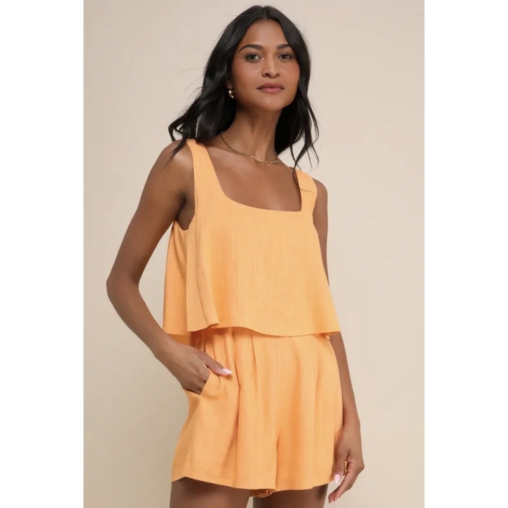 Lulus Effortless Escape Romper XS Light Orange Linen Blend Flounce‎ NWT Summer